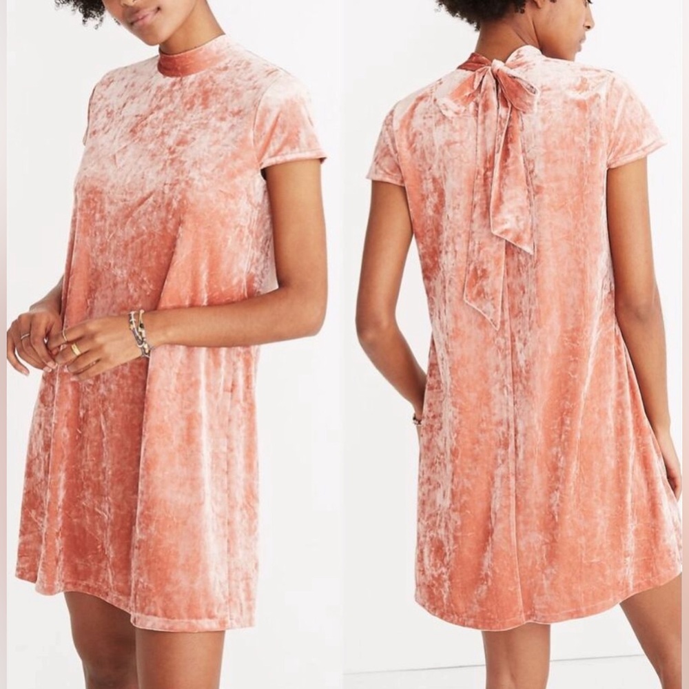 Madewell Crushed Velvet Salmon Pink Mock Neck Shift Dress XS NWT
